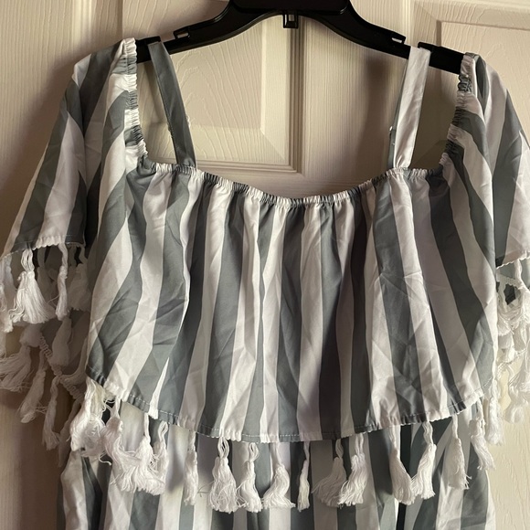 SOLD Bloomchic Women's Size 18-20 Green & White Striped Cold Shoulder Top - Picture 7 of 11